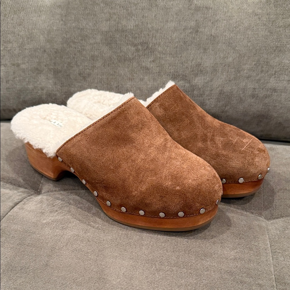 NEW Rag & Bone Tan Suede Shearling Mules
